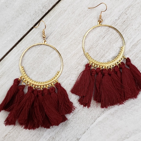 Dark Red Fringe Earrings - Picture 3 of 3